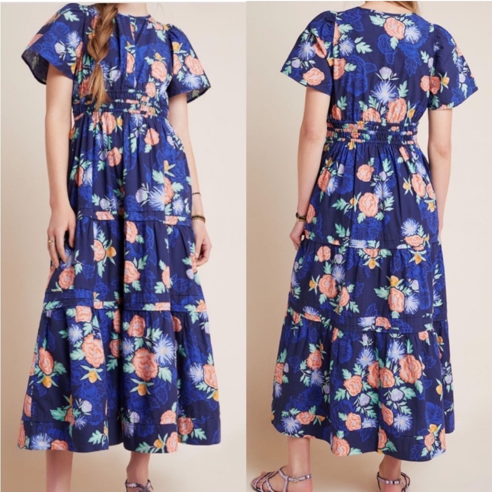 Anthropologie Maeve Somerset Maxi Dress Short Sleeve Tier A-Line Navy Floral XS‎